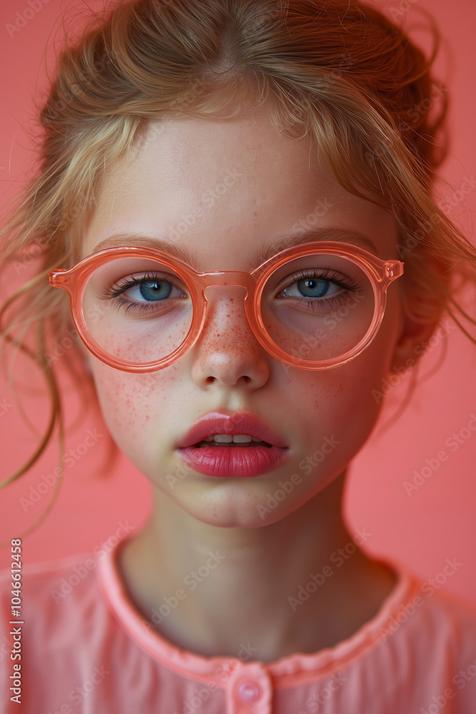 A young girl with freckles wearing a pink shirt and orange glasses A young girl with freckles wearing a pink shirt and orange glasses