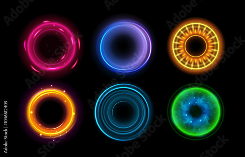 Halo flares. Neon ring light optical circular effect, magic neon color glow halos with sparkles. 3d circle portal with vortex, energy orb. Vector futuristic big explosion isolated set.