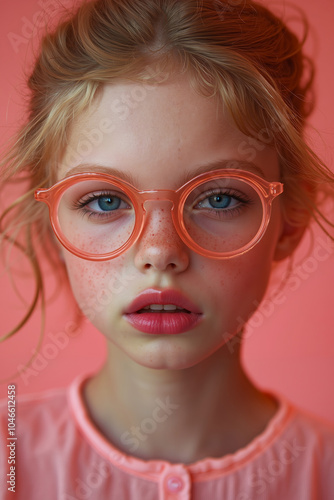 A young girl with freckles wearing a pink shirt and orange glasses