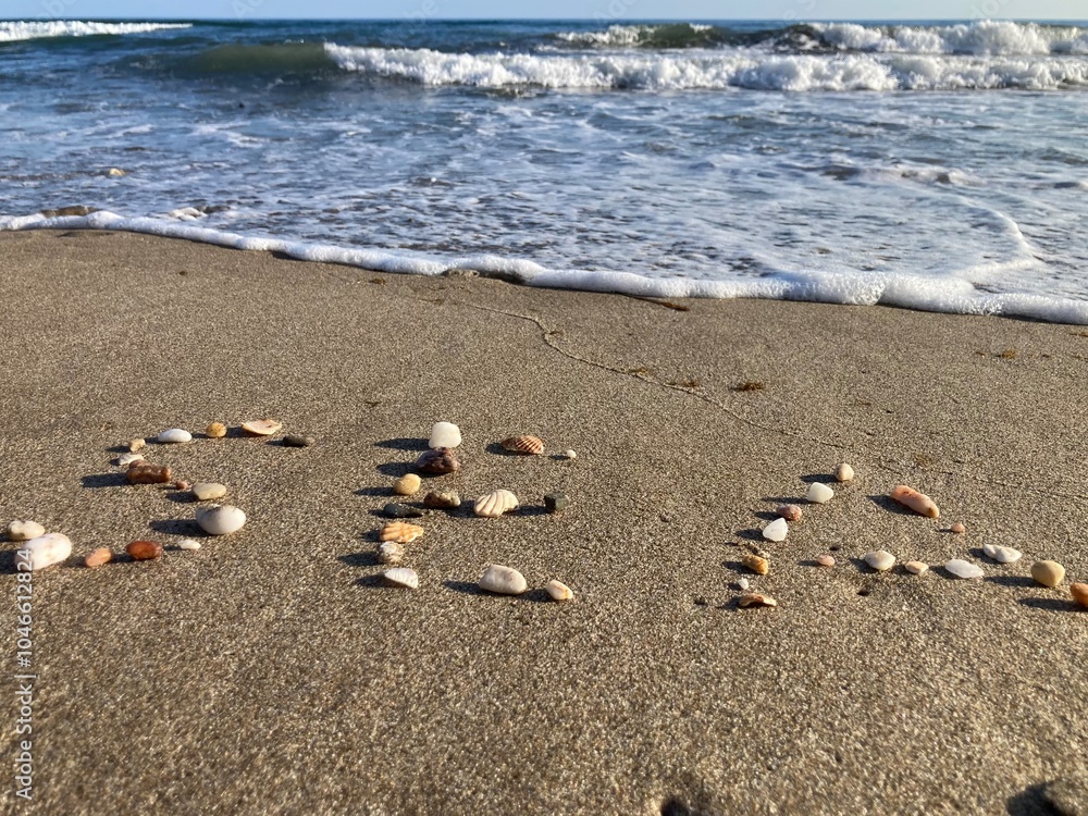 A view of a sandy beach with small seashells spelling the word “SEA” in the foreground, and gentle waves crashing in the background under a clear sky. A view of a sandy beach with small seashells spelling the word “SEA” in the foreground, and gentle waves crashing in the background under a clear sky.