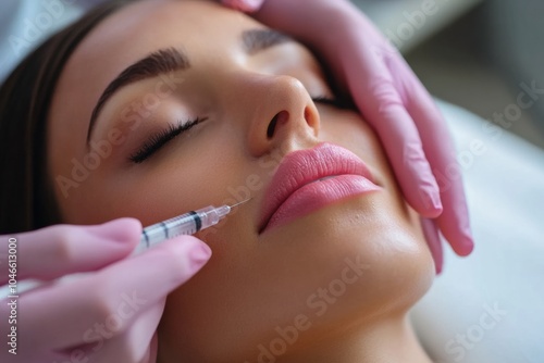 A skilled professional administers a hyaluronic acid injection to enhance the woman's lips while she relaxes in a treatment chair. Generative AI