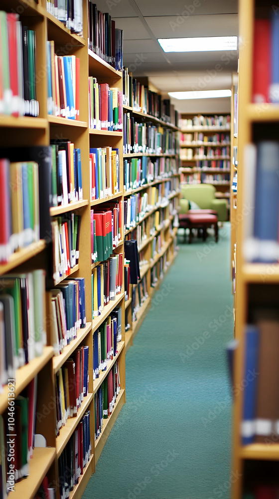 A long hallway in a library with bookshelves on both sides, lined with books. A comfortable chair and table are visible in the distance. A long hallway in a library with bookshelves on both sides, lined with books. A comfortable chair and table are visible in the distance.