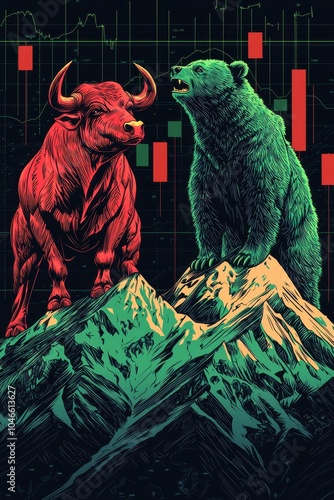 Illustration of a bull and bear facing off on mountain peaks with stock market chart in the background photo