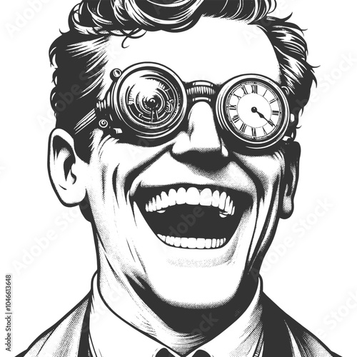 man in goggles with clock faces, symbolizing time, excitement, and a whimsical take on timekeeping sketch engraving generative ai vector illustration. Scratch board imitation. Black and white image.