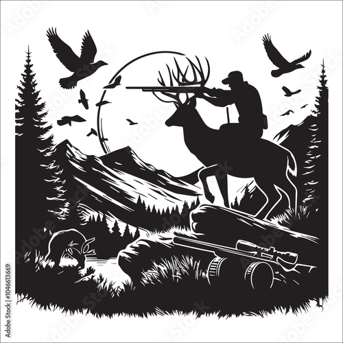 Hunting Deer Svg Vector Silhouette File,stamp, antlers, font, fashion, fisherman, outdoor, man hunt, hunter man, hunting gun, rifle, hobby, card, t shirt design, wilderness, letter, hunting rifle,