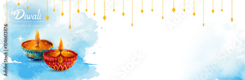 Diwali background with Diya candle lamps decoration, watercolor painting design with copy space