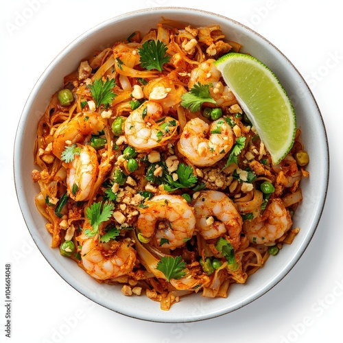 Delicious shrimp pad Thai served in a bowl, garnished with lime and fresh herbs, perfect for a flavorful meal.