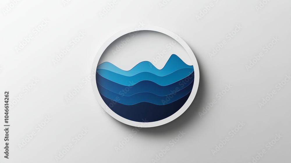 Stylized circular illustration of layered blue waves, creating a serene and modern oceanic design.
