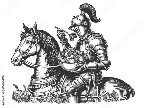 medieval knight in armor, humorously eating a salad while sitting on horseback, blending history and humor sketch engraving generative ai vector illustration. Black and white image.