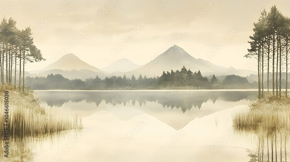 Fototapeta premium Serene lake with misty mountains and forest.