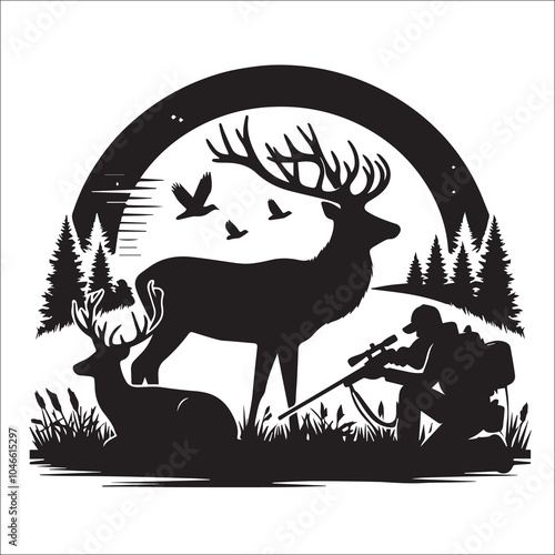 Hunting Deer Svg Vector Silhouette File,stamp, antlers, font, fashion, fisherman, outdoor, man hunt, hunter man, hunting gun, rifle, hobby, card, t shirt design, wilderness, letter, hunting rifle,