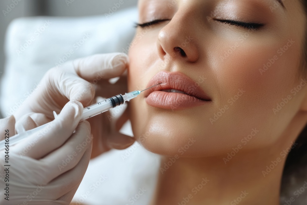 A woman is getting a hyaluronic acid injection into her lips for enhancement and skin rejuvenation at a cosmetic clinic. Generative AI
