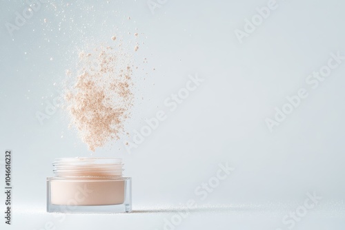 Minimalistic loose powder explosion against a soft blue background