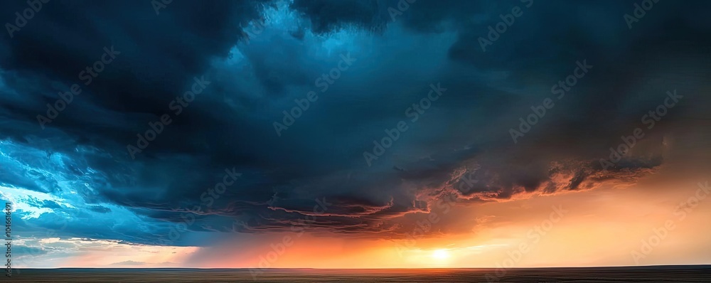 Fototapeta premium Dramatic sunset over ocean with dark clouds creating a stunning sky.