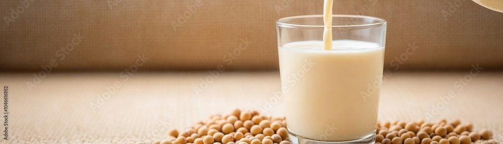 Freshly poured soy milk in a glass, surrounded by soybeans, perfect for vegan recipes and healthy dietary choices. Freshly poured soy milk in a glass, surrounded by soybeans, perfect for vegan recipes and healthy dietary choices.