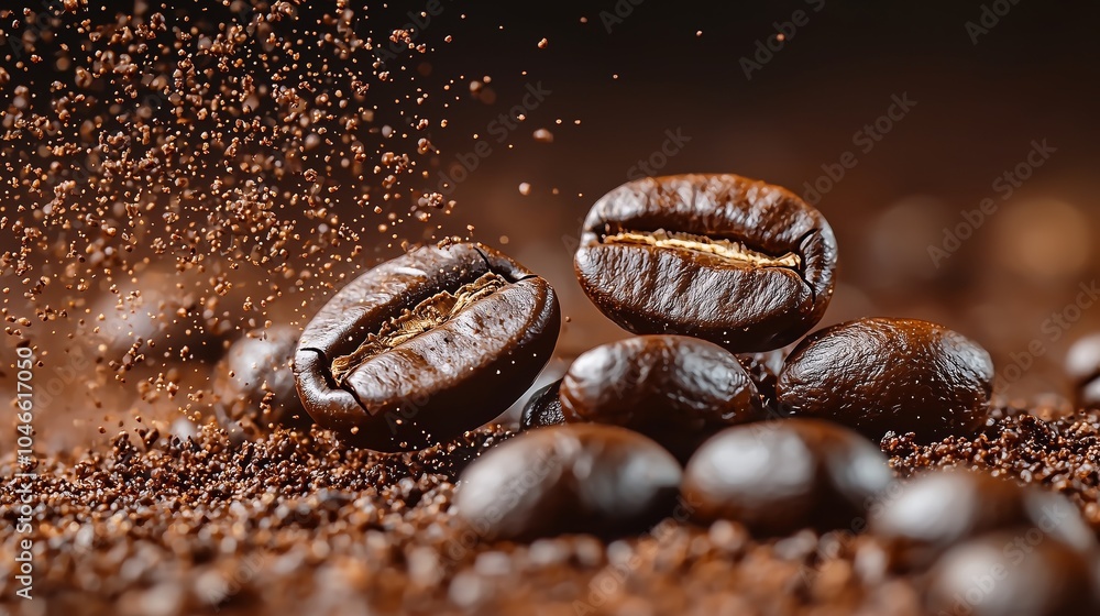 Flying coffee beans on dark brown background with copy space. Close up Flying coffee beans on dark brown background with copy space. Close up