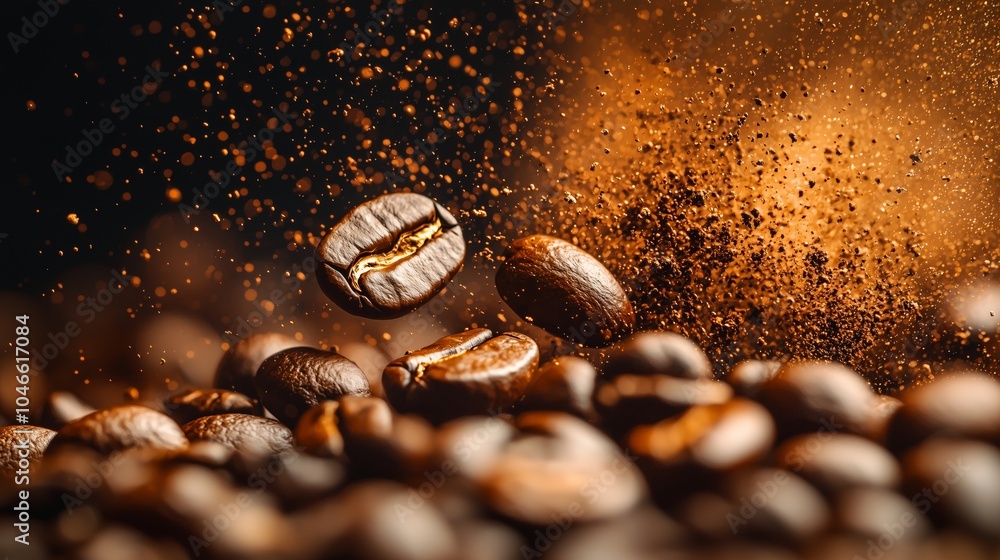 Flying coffee beans on dark brown background with copy space. Close up Flying coffee beans on dark brown background with copy space. Close up