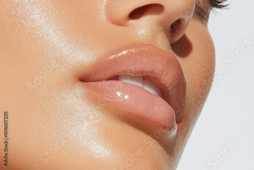 Close-up of glossy lips and radiant skin highlighting natural beauty in modern fashion