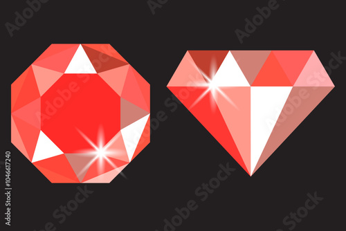 Red gemstone icon. Polygonal diamond shape. Sparkling jewel vector. Black background.