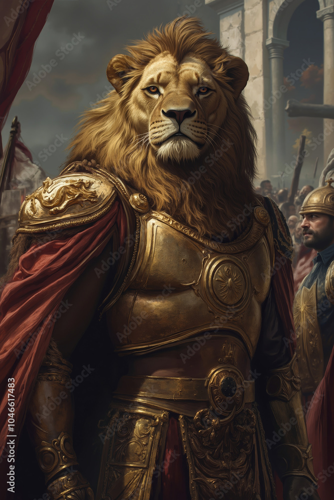 A lion in armor standing in front of a group of people A lion in armor standing in front of a group of people