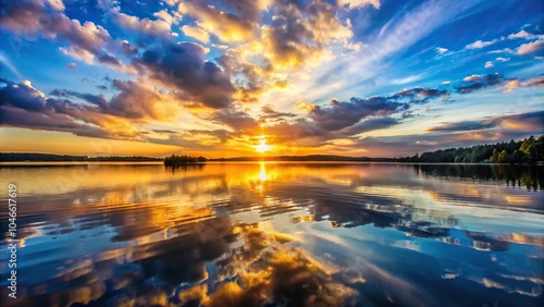 sunset on the lake with beautiful sky and water reflections