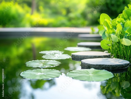 Serene water garden with lily pads and stepping stones, creating a peaceful, natural landscape perfect for relaxation and meditation. photo