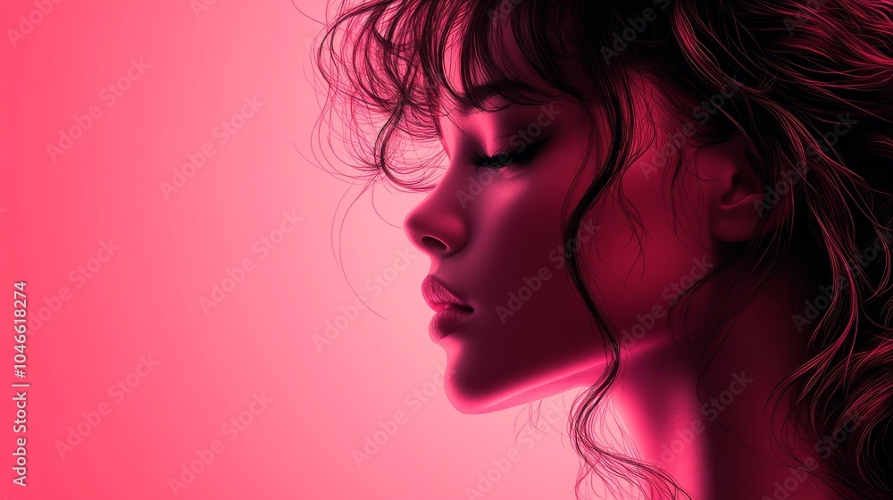 A profile view of a young woman with curly hair, illuminated by vibrant pink lighting, creating a moody aesthetic. A profile view of a young woman with curly hair, illuminated by vibrant pink lighting, creating a moody aesthetic.