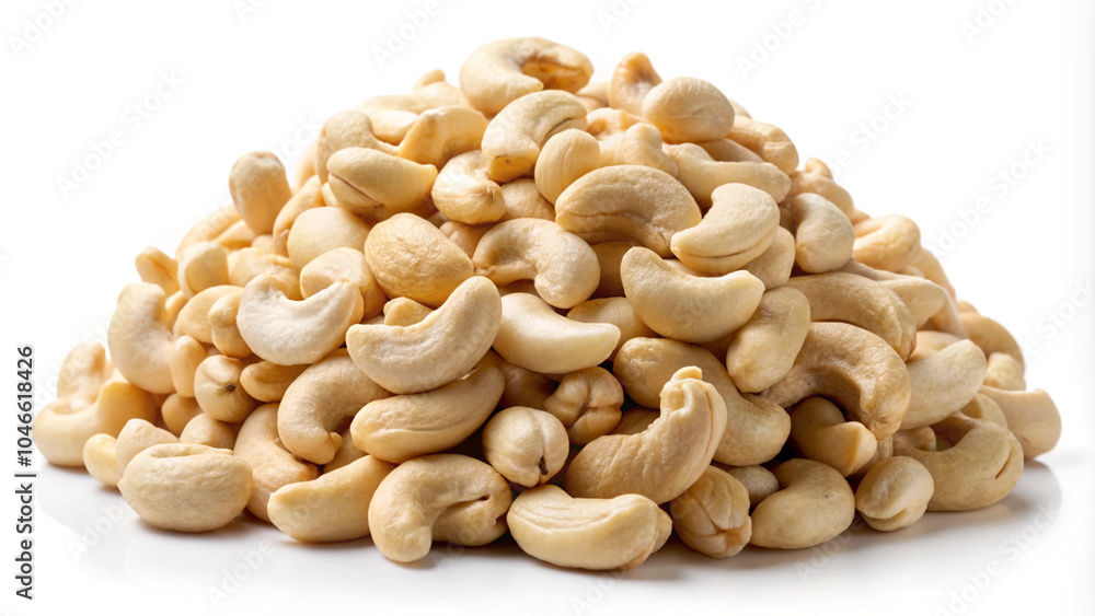 Raw cashew nuts in a large pile, clean white background, ideal for health and food design Raw cashew nuts in a large pile, clean white background, ideal for health and food design