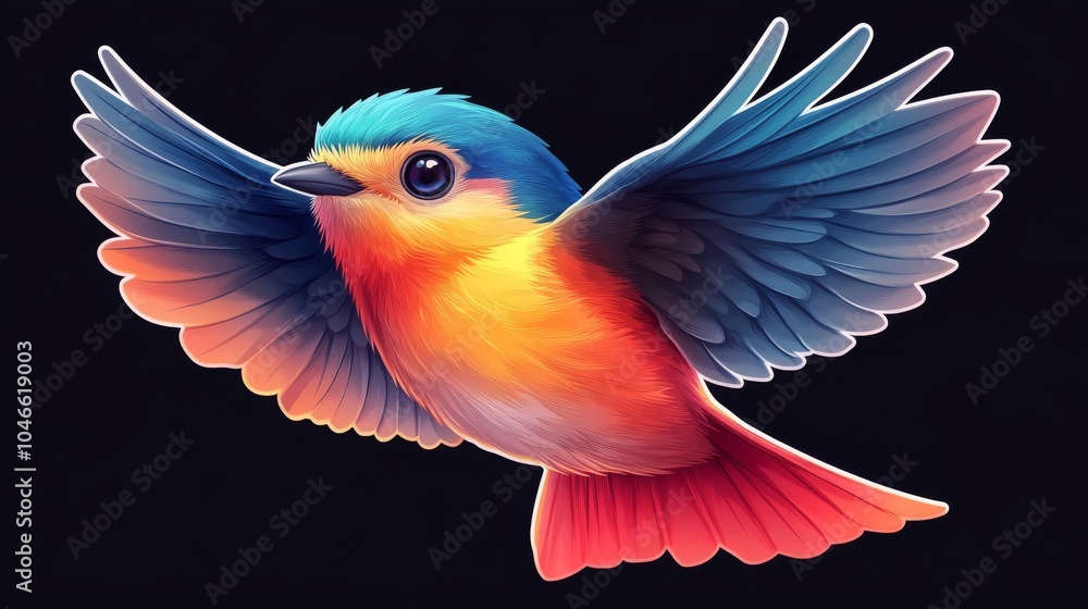 Obraz premium A vibrant, colorful bird with blue and orange feathers flying gracefully against a dark background.