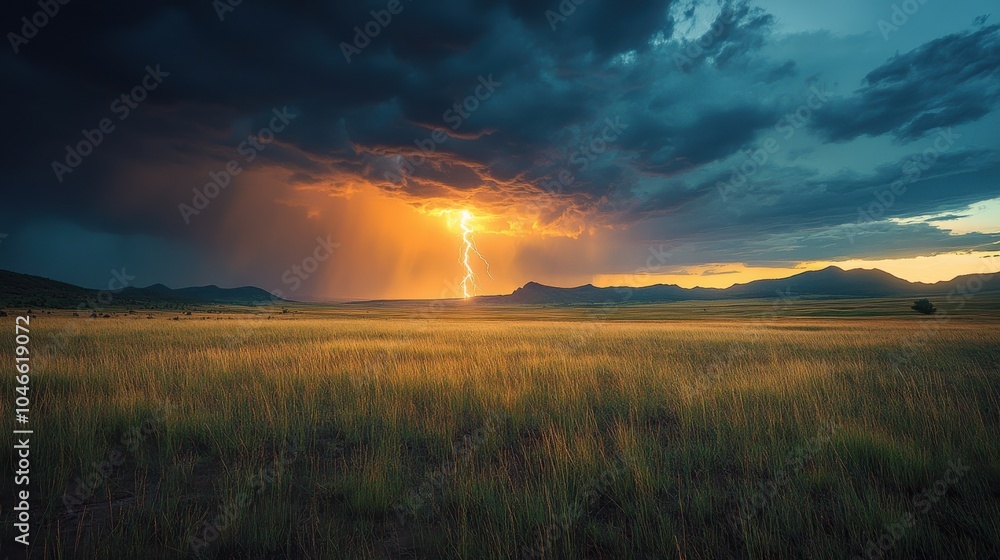 Fototapeta premium A dramatic lightning strike over a vast, open plain.