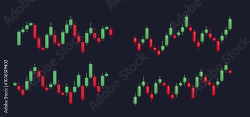 Stock market trading 3D graph. Candlestick diagram, candle chart. Global business market, investment strategy cryptocurrency marker trade concept. Vector isolated set.