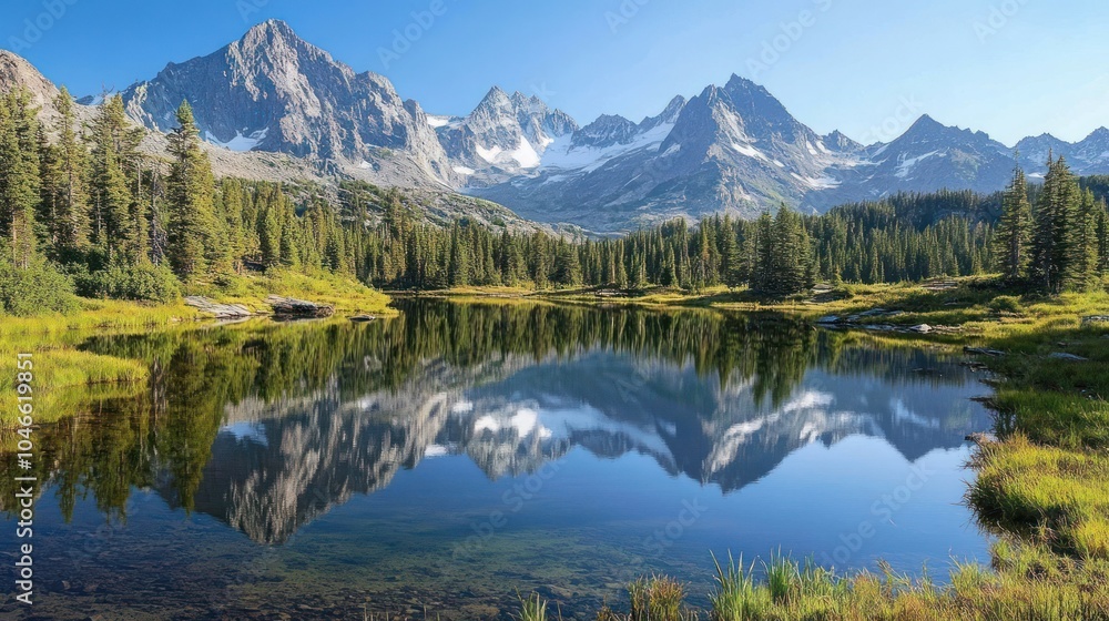 A serene mountain lake reflects the snow-capped peaks and clear blue sky on a sunny day. A serene mountain lake reflects the snow-capped peaks and clear blue sky on a sunny day.