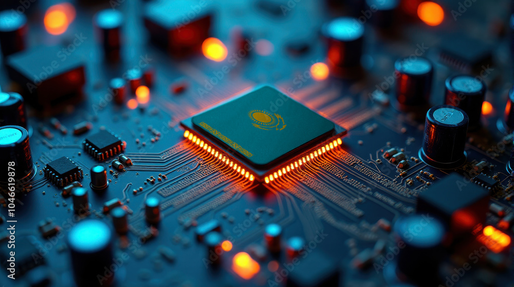 A Kazakhstan flagged microchip is centered on a circuit board, surrounded by illuminated components, symbolizing role in semiconductor innovation and technology leadership.
