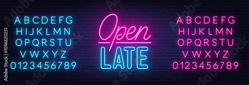 Open Late neon sign on brick wall background.