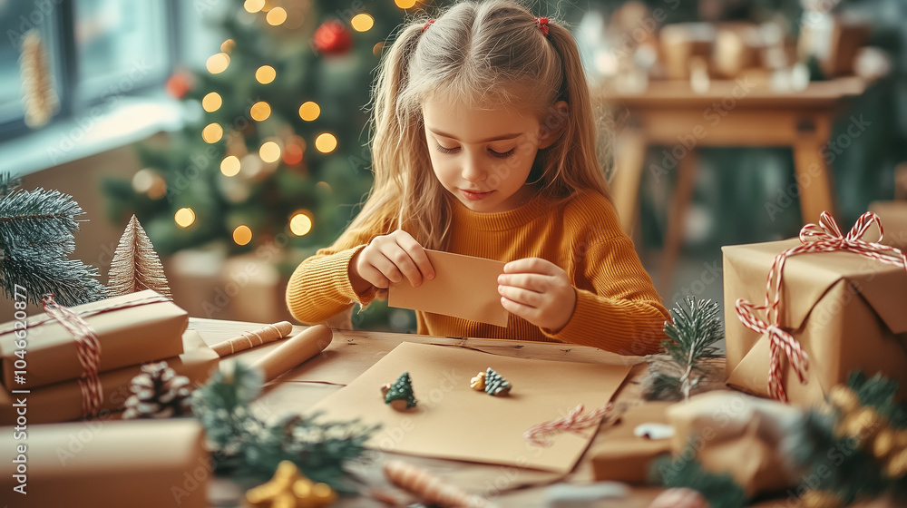 Fototapeta premium Young girl wrapping gifts for Christmas with festive decorations around her.