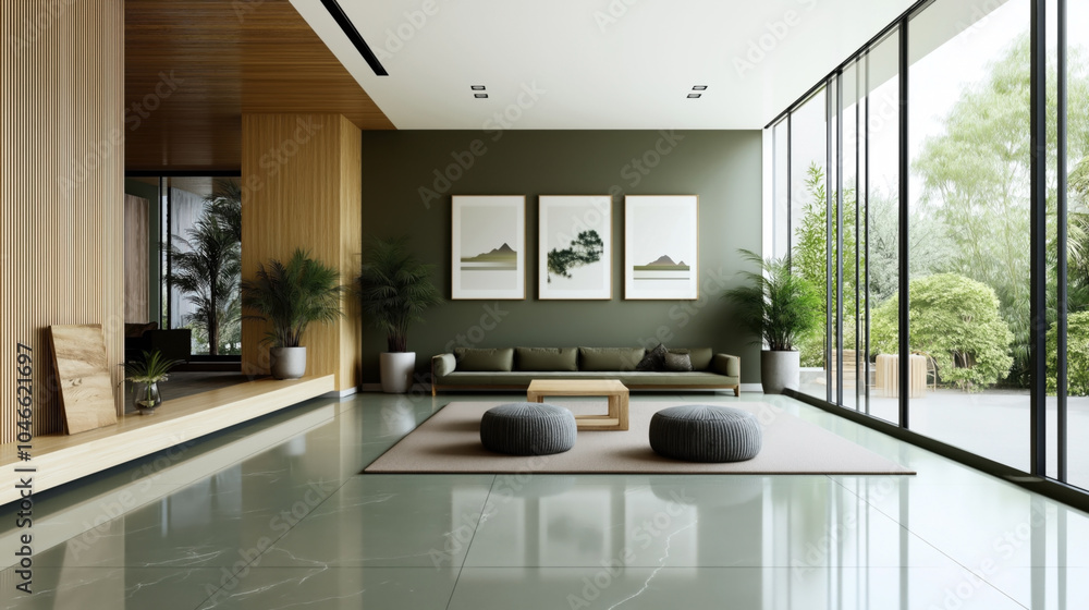 Modern minimalist living room with large windows, green walls, and framed art. Wooden accents in ceiling and floor. Two gray poufs and a central coffee table on a soft carpet. Modern minimalist living room with large windows, green walls, and framed art. Wooden accents in ceiling and floor. Two gray poufs and a central coffee table on a soft carpet.