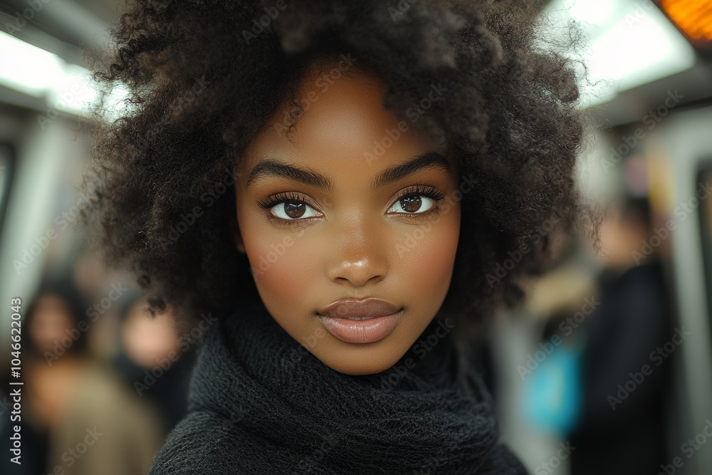 A beautiful woman standing on a crowded subway train. Generative AI A beautiful woman standing on a crowded subway train. Generative AI