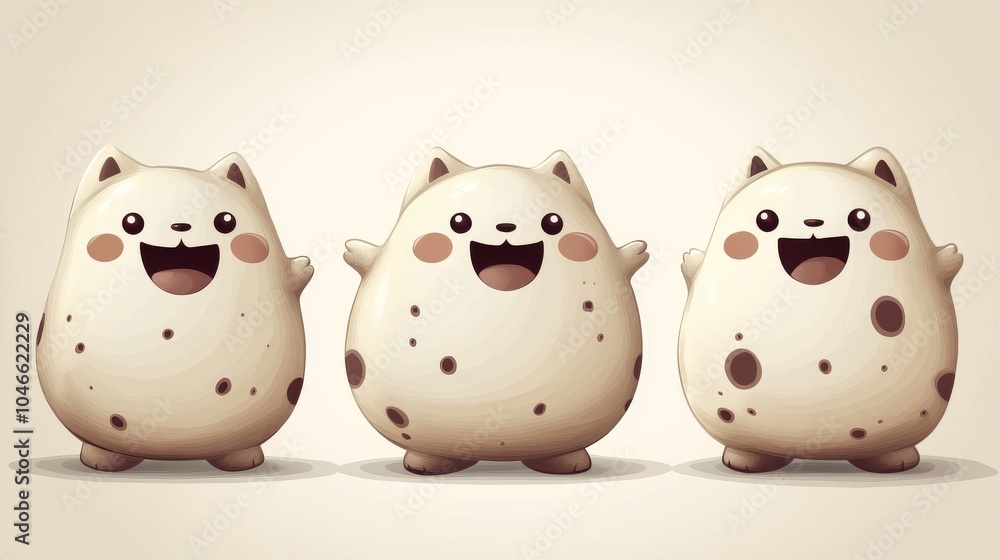 Three cheerful cartoon cat-shaped characters with round bodies and expressive faces. Three cheerful cartoon cat-shaped characters with round bodies and expressive faces.