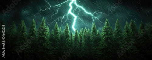 Dramatic storm with lightning striking above dense pine forest at night. photo