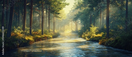 A scenic path through a misty forest with a river flowing through the middle, with sunlight shining through the trees.