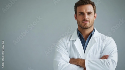 Portrait of a scientist in a white lab coat, standing confidently in a laboratory, surrounded by scientific equipment, exemplifying dedication to research and innovation.