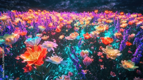 Vibrant Floral Field Illuminated by Ethereal Lightning in the Sky