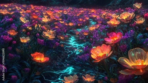 Vibrant Floral Field with Ethereal Lightning Strikes Across Blooming Landscape