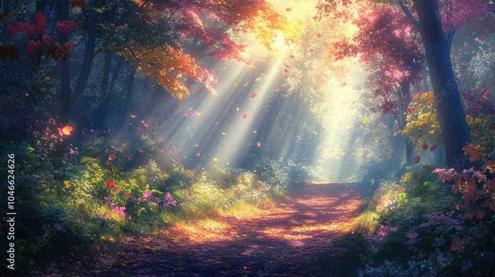 A misty forest path illuminated by rays of sunlight filtering through colorful leaves. A misty forest path illuminated by rays of sunlight filtering through colorful leaves.