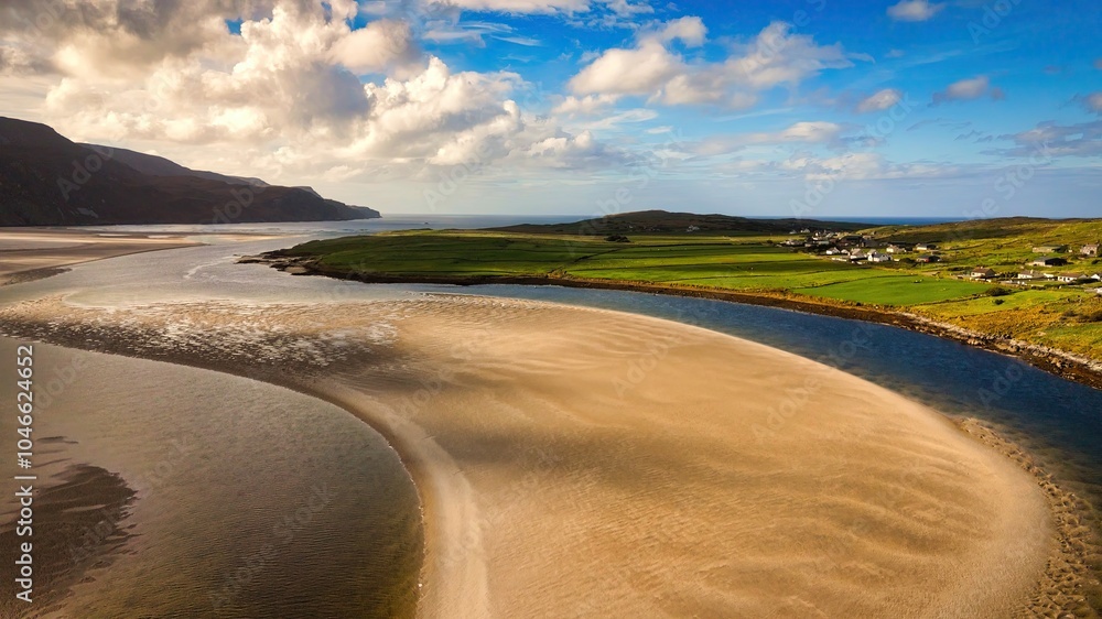 An Aerial View of the Serene River Mouth, Featuring Sandy Shores and Lush Green Fields An Aerial View of the Serene River Mouth, Featuring Sandy Shores and Lush Green Fields
