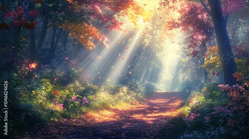 A misty forest path illuminated by rays of sunlight filtering through colorful leaves.