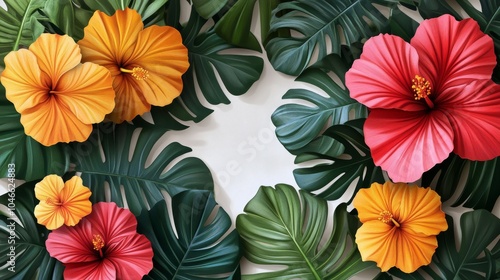 Wallpaper Mural Vibrant tropical floral arrangement featuring orange and red hibiscus flowers surrounded by lush green leaves. Torontodigital.ca