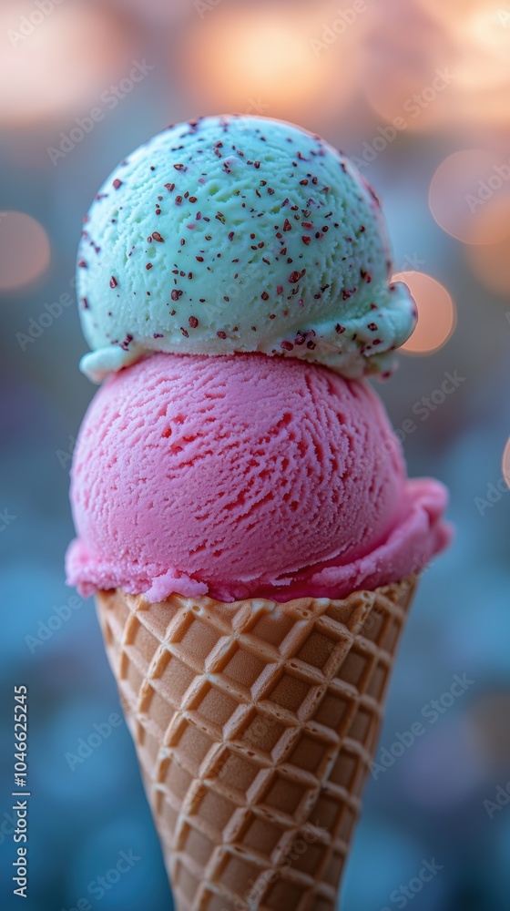 Indulge in the vibrant colors of Italian gelato as two scoops rest atop a crisp waffle cone. The refreshing mint green and rich pink flavors invite a delightful experience Indulge in the vibrant colors of Italian gelato as two scoops rest atop a crisp waffle cone. The refreshing mint green and rich pink flavors invite a delightful experience