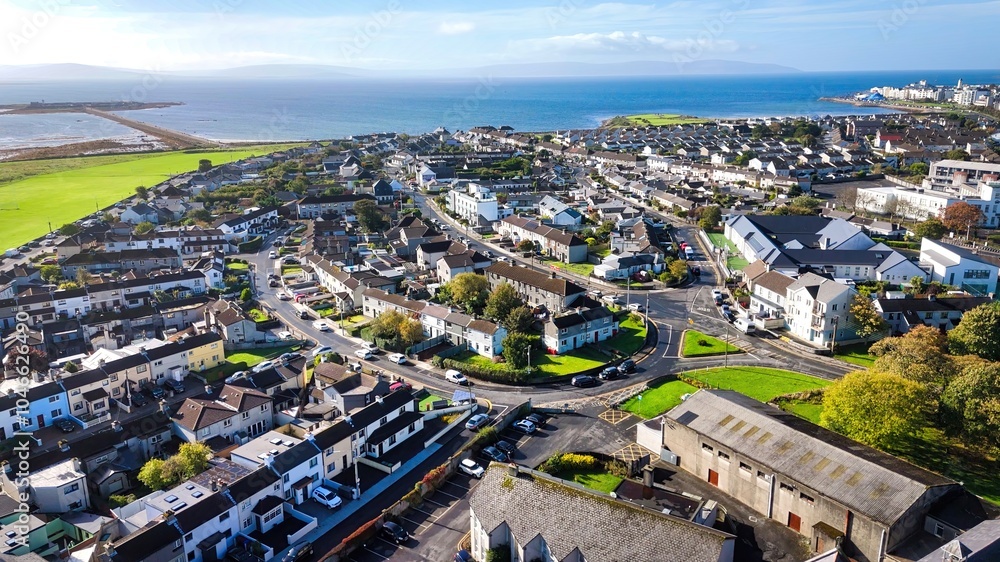Fototapeta premium City of Galway Ireland aerial view over the Claddagh district - Vibrantly Colorful Coastal Houses