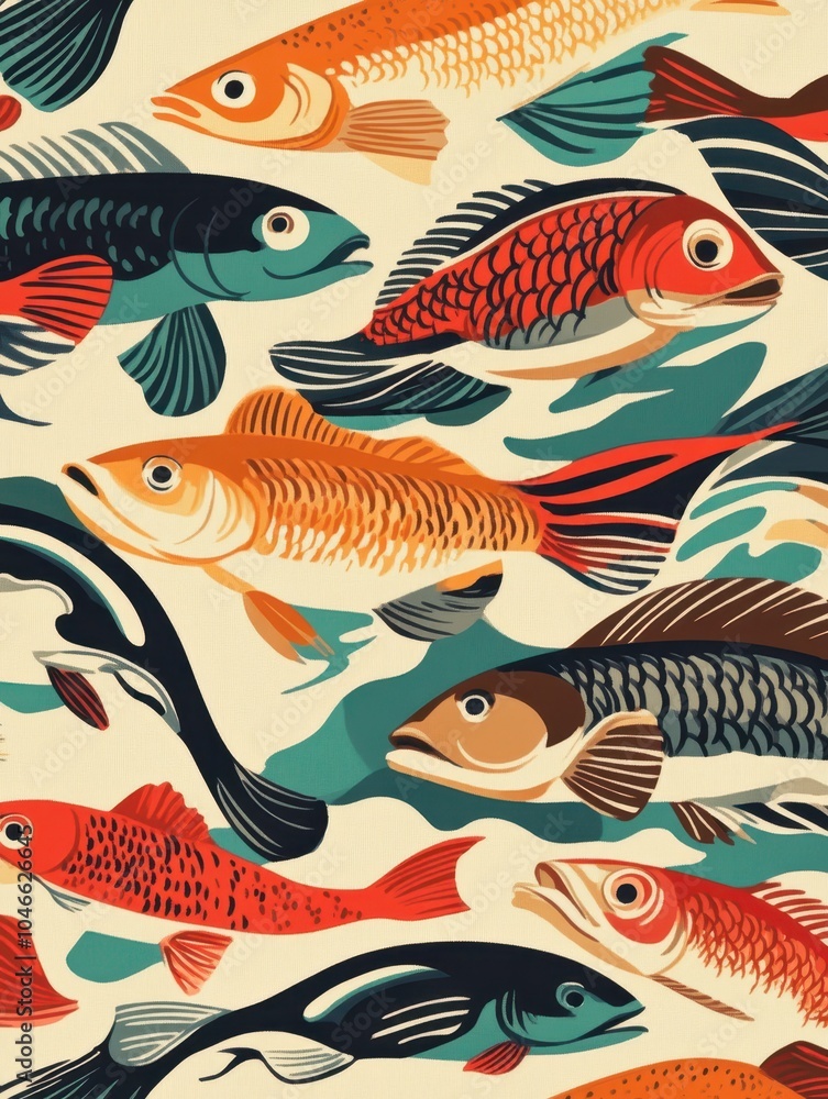 Colorful pattern of various fish swimming in a vibrant aquatic scene. Colorful pattern of various fish swimming in a vibrant aquatic scene.